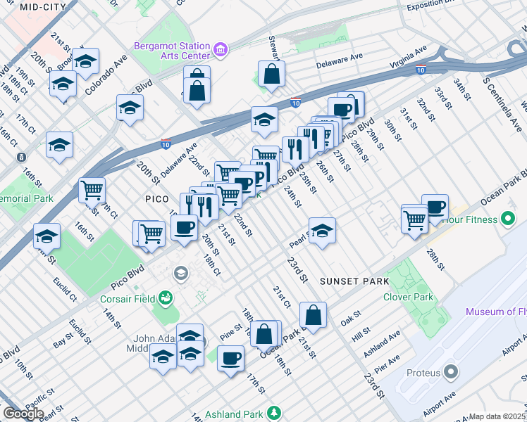 map of restaurants, bars, coffee shops, grocery stores, and more near 2211 23rd Street in Santa Monica
