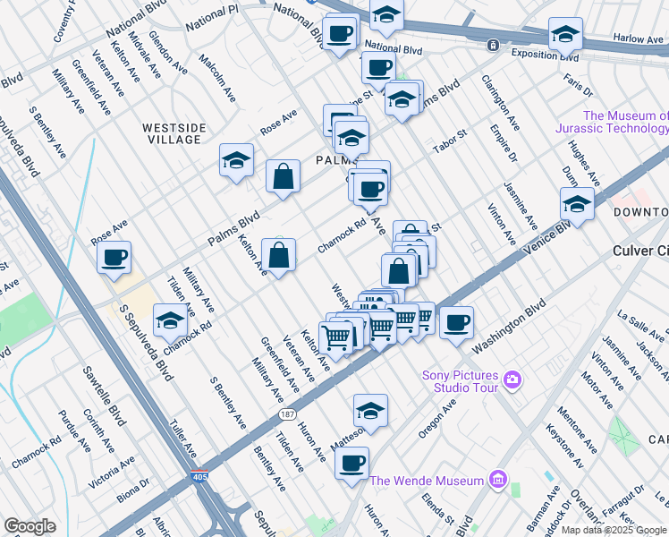 map of restaurants, bars, coffee shops, grocery stores, and more near 3630 Westwood Boulevard in Los Angeles