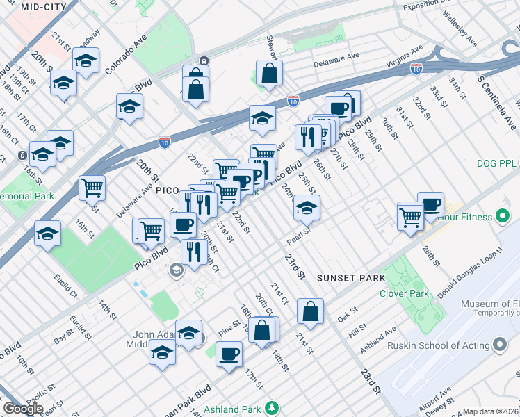 map of restaurants, bars, coffee shops, grocery stores, and more near 2211 23rd Street in Santa Monica