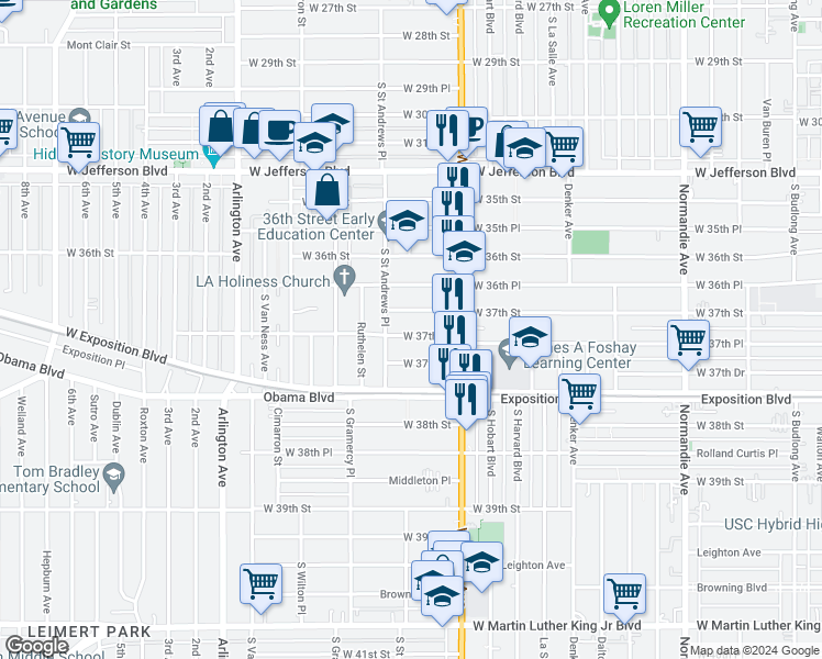 map of restaurants, bars, coffee shops, grocery stores, and more near 1765 West 37th Place in Los Angeles