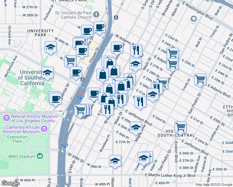 map of restaurants, bars, coffee shops, grocery stores, and more near 147 1/2 West 33rd Street in Los Angeles