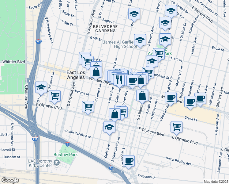 map of restaurants, bars, coffee shops, grocery stores, and more near 938 Clela Avenue in East Los Angeles
