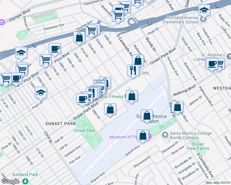 map of restaurants, bars, coffee shops, grocery stores, and more near in Santa Monica