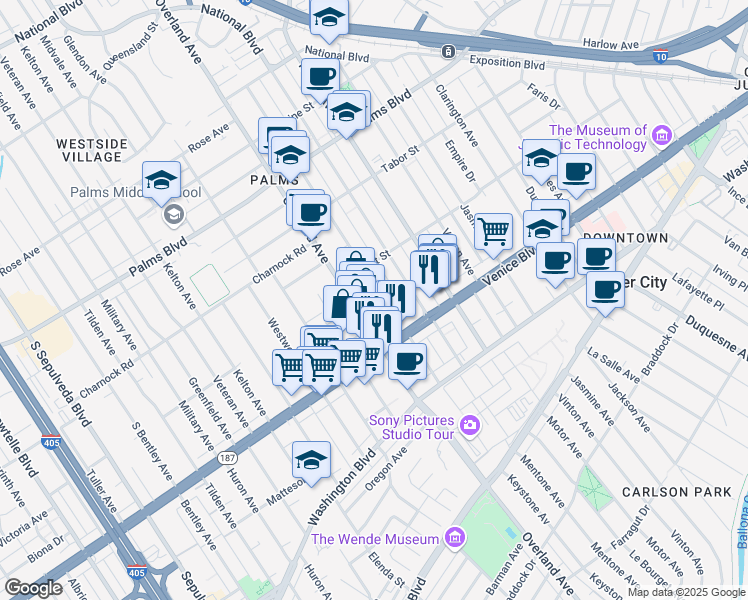 map of restaurants, bars, coffee shops, grocery stores, and more near 3741 Keystone Avenue in Los Angeles