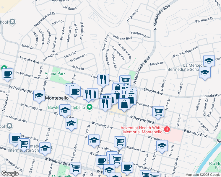 map of restaurants, bars, coffee shops, grocery stores, and more near 630 Howard Avenue in Montebello