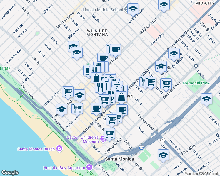 map of restaurants, bars, coffee shops, grocery stores, and more near 1334 Lincoln Boulevard in Santa Monica