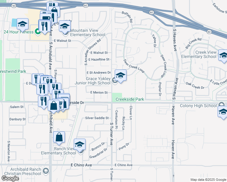 map of restaurants, bars, coffee shops, grocery stores, and more near 2947 South Turner Avenue in Ontario