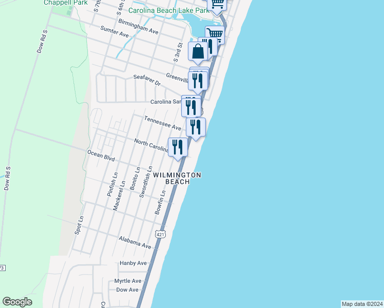 map of restaurants, bars, coffee shops, grocery stores, and more near 1225 Lake Park Boulevard South in Carolina Beach