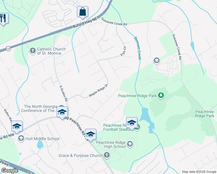 map of restaurants, bars, coffee shops, grocery stores, and more near 1516 Maple Ridge Drive in Suwanee