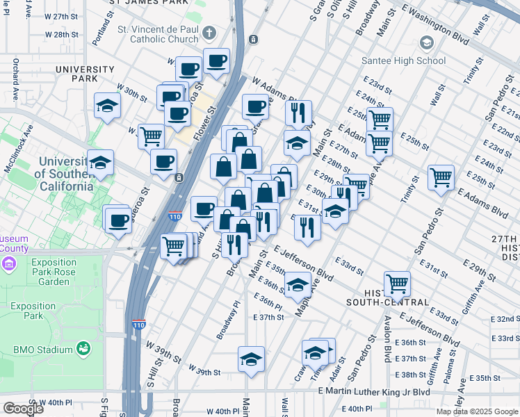 map of restaurants, bars, coffee shops, grocery stores, and more near 147 1/2 West 33rd Street in Los Angeles