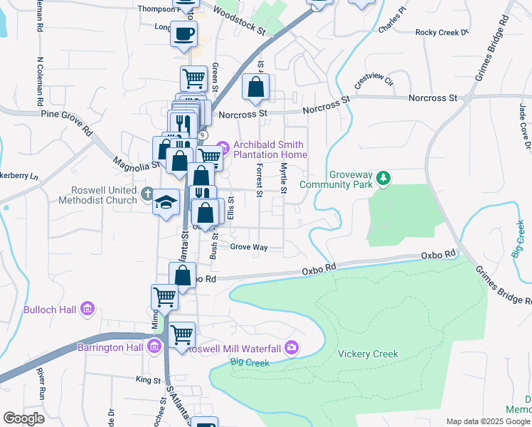 map of restaurants, bars, coffee shops, grocery stores, and more near 800 Forrest Street in Roswell