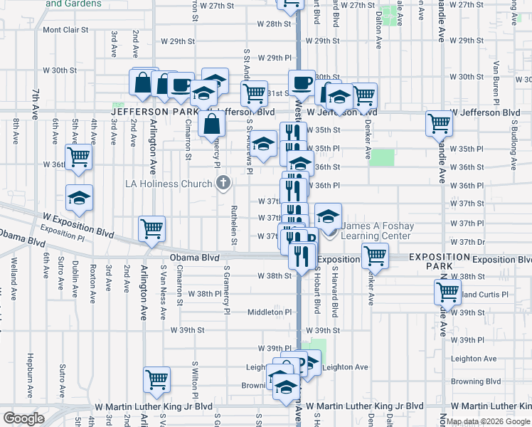 map of restaurants, bars, coffee shops, grocery stores, and more near 1765 West 37th Place in Los Angeles