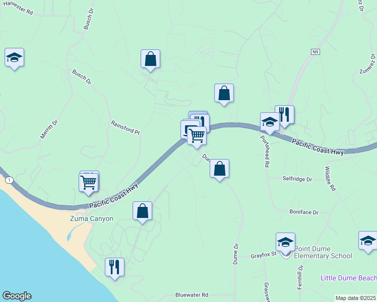 map of restaurants, bars, coffee shops, grocery stores, and more near 29221 Heathercliff Road in Malibu