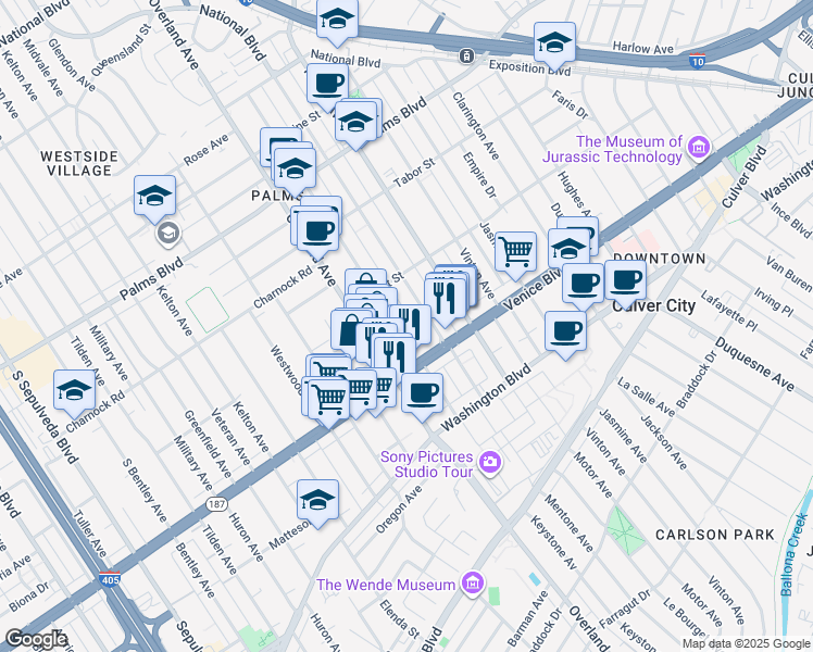 map of restaurants, bars, coffee shops, grocery stores, and more near 3748 Keystone Avenue in Los Angeles