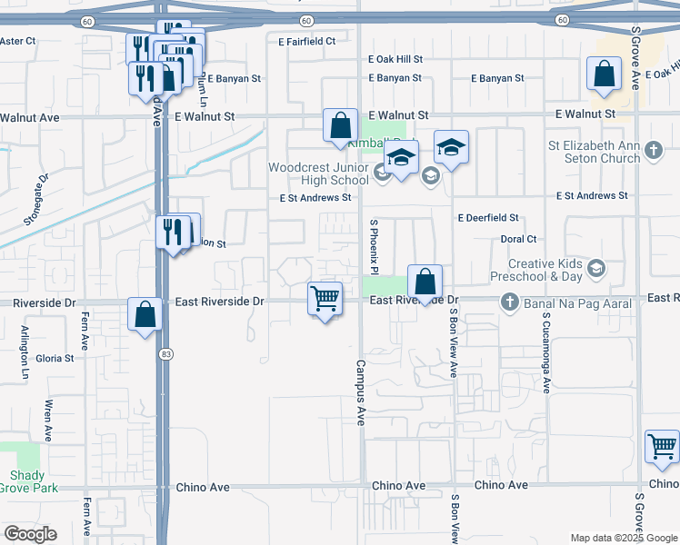 map of restaurants, bars, coffee shops, grocery stores, and more near 625 East Merion Street in Ontario