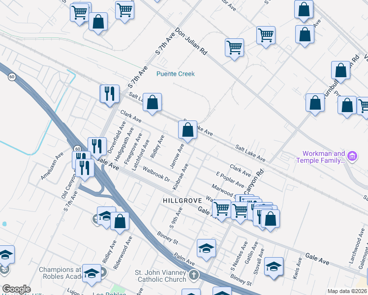 map of restaurants, bars, coffee shops, grocery stores, and more near 810 Jarrow Avenue in Hacienda Heights
