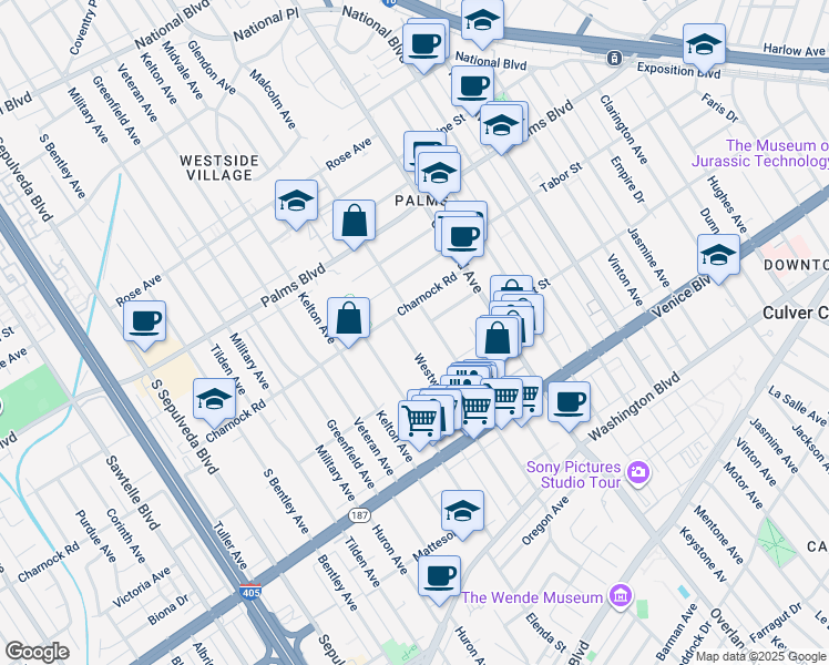map of restaurants, bars, coffee shops, grocery stores, and more near 3630 Westwood Boulevard in Los Angeles