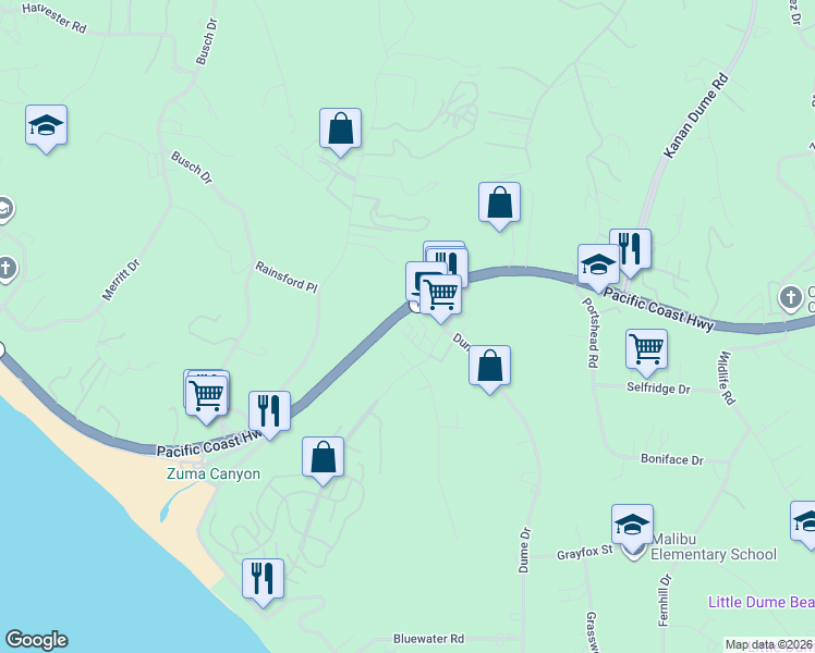 map of restaurants, bars, coffee shops, grocery stores, and more near 29239 Heathercliff Road in Malibu