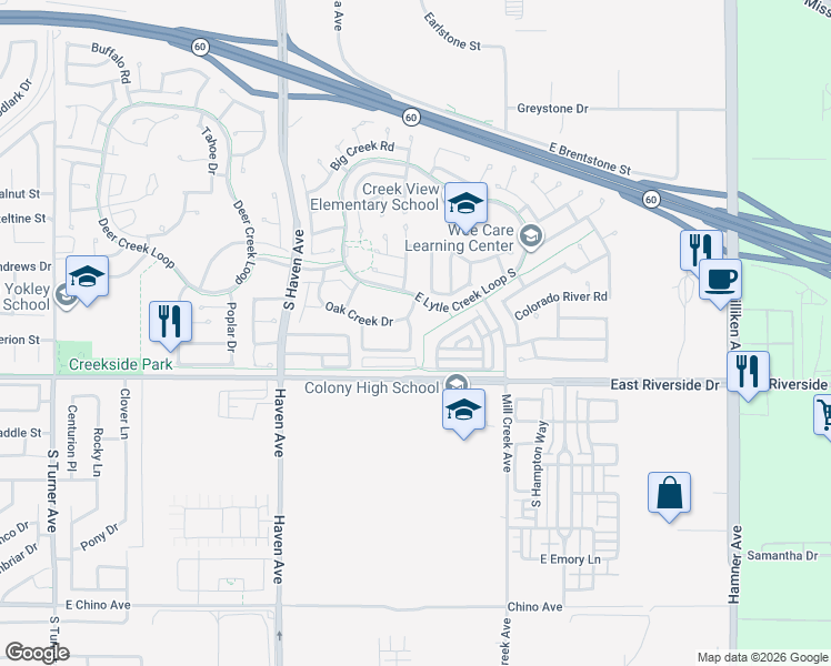 map of restaurants, bars, coffee shops, grocery stores, and more near 2914 Big Creek Lane in Ontario