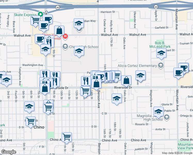 map of restaurants, bars, coffee shops, grocery stores, and more near 5664 Riverside Drive in Chino
