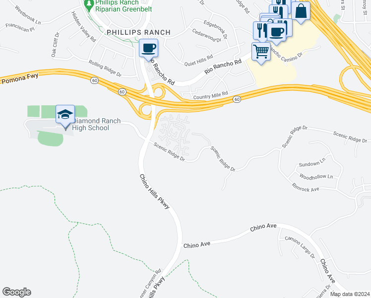 map of restaurants, bars, coffee shops, grocery stores, and more near 9 Wildflower Place in Pomona
