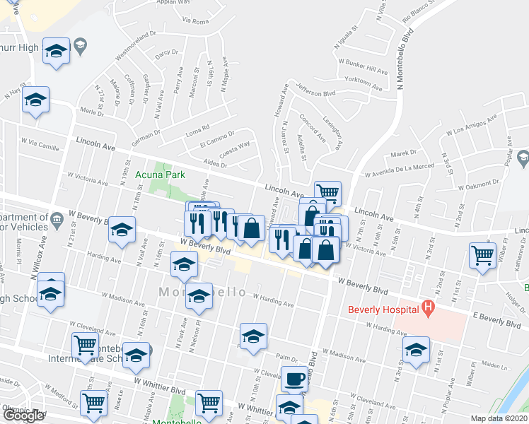 map of restaurants, bars, coffee shops, grocery stores, and more near 1200 West Victoria Avenue in Montebello