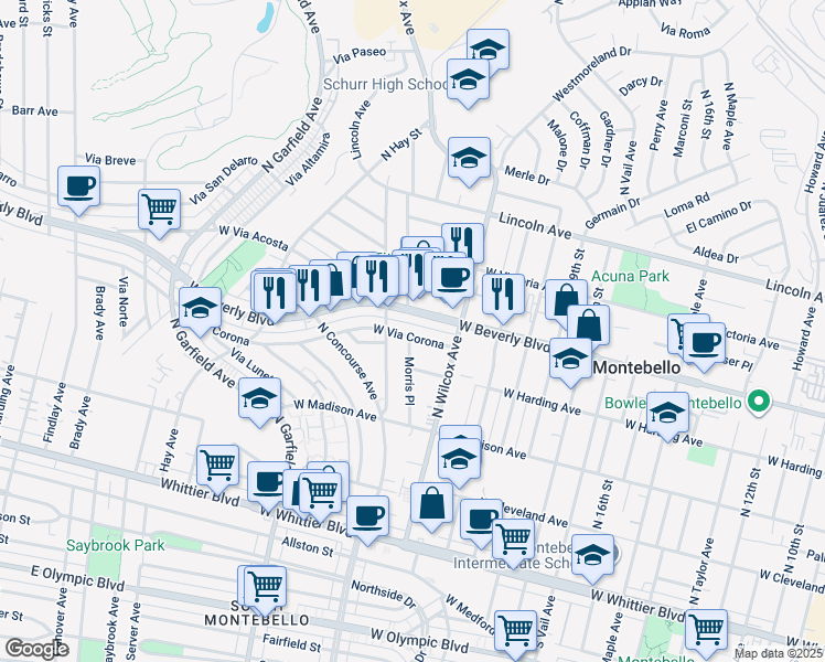 map of restaurants, bars, coffee shops, grocery stores, and more near 413 Morris Place in Montebello