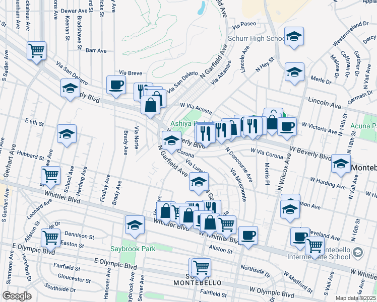 map of restaurants, bars, coffee shops, grocery stores, and more near 2557 West Via Corona in Montebello