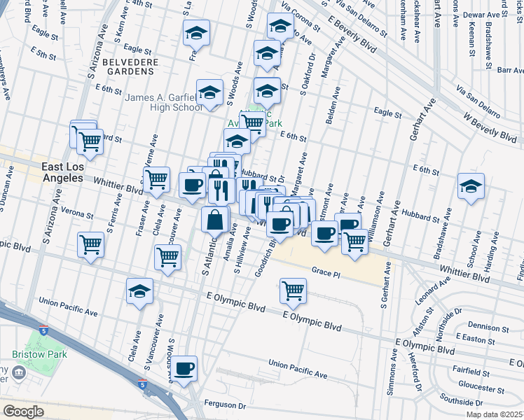 map of restaurants, bars, coffee shops, grocery stores, and more near 5367 Whittier Boulevard in East Los Angeles