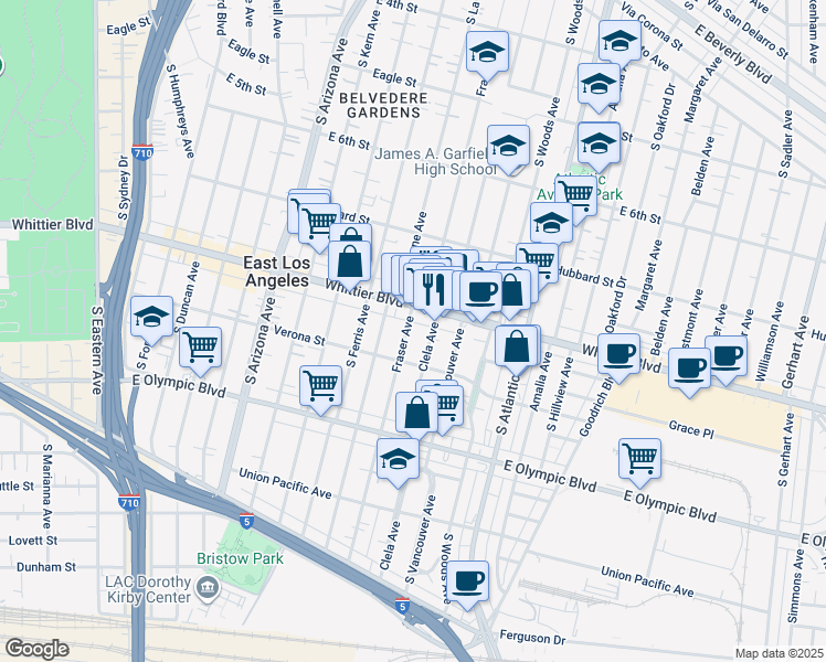 map of restaurants, bars, coffee shops, grocery stores, and more near 938 Clela Avenue in East Los Angeles