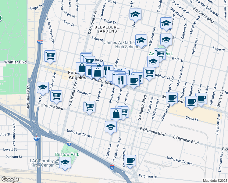map of restaurants, bars, coffee shops, grocery stores, and more near 957 Fraser Avenue in Los Angeles