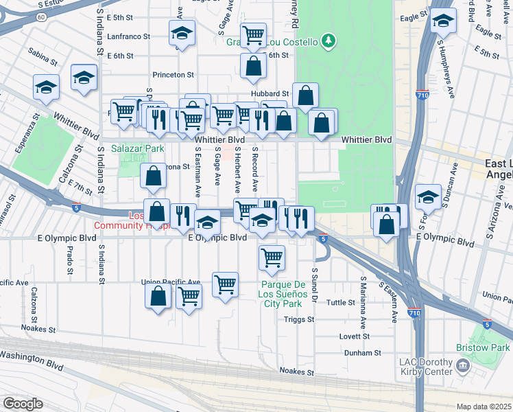 map of restaurants, bars, coffee shops, grocery stores, and more near 1138 South Record Avenue in Los Angeles