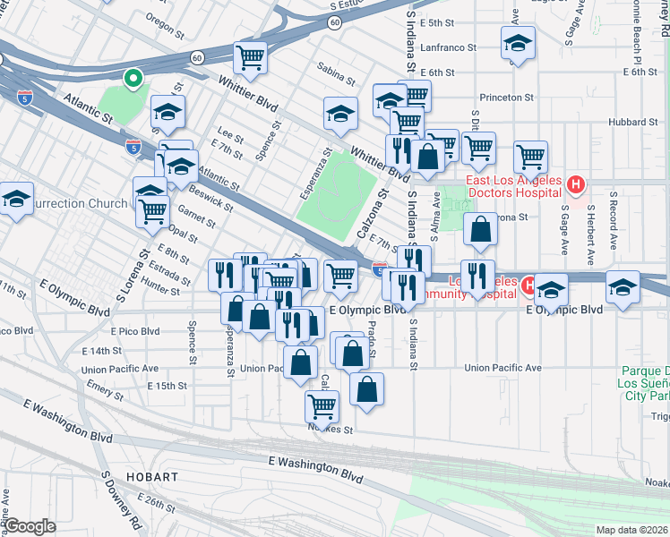 map of restaurants, bars, coffee shops, grocery stores, and more near 1122 Calzona Street in Los Angeles