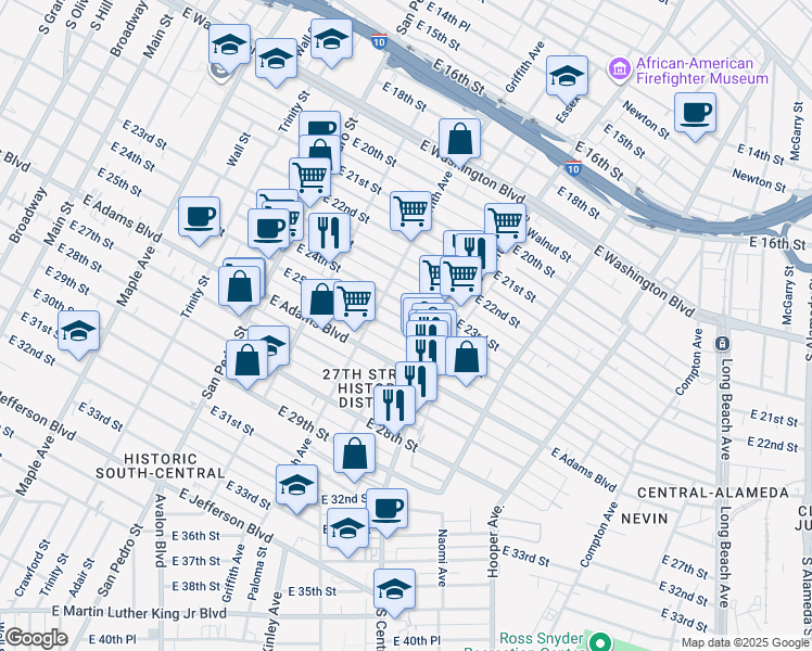 map of restaurants, bars, coffee shops, grocery stores, and more near 1008 East 25th Street in Los Angeles