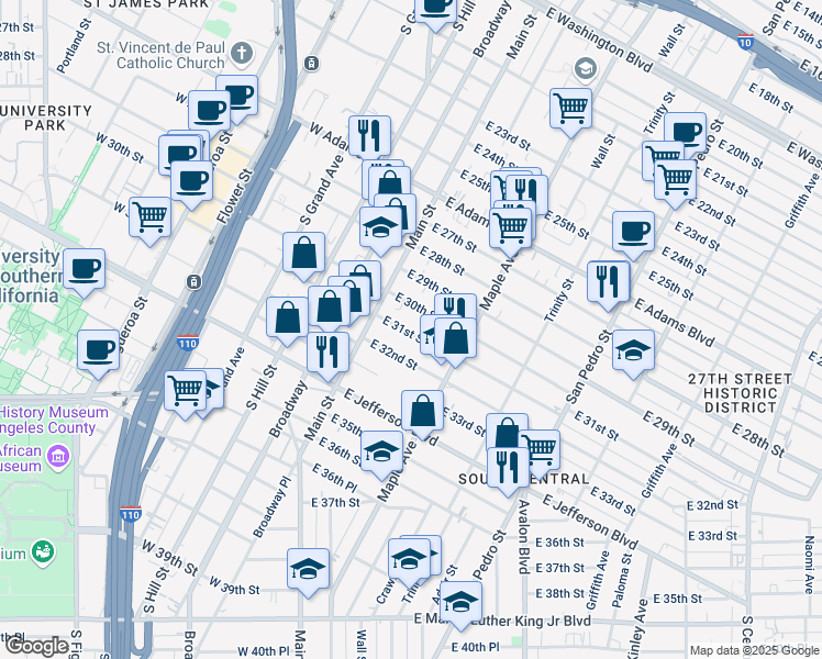 map of restaurants, bars, coffee shops, grocery stores, and more near 232 East 31st Street in Los Angeles