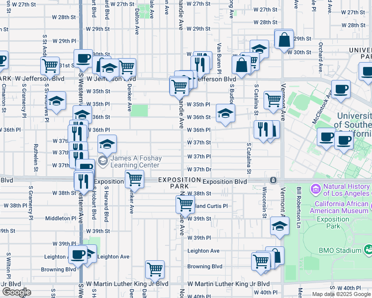 map of restaurants, bars, coffee shops, grocery stores, and more near 1408 West 37th Place in Los Angeles