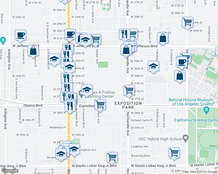 map of restaurants, bars, coffee shops, grocery stores, and more near 1521 West 37th Place in Los Angeles