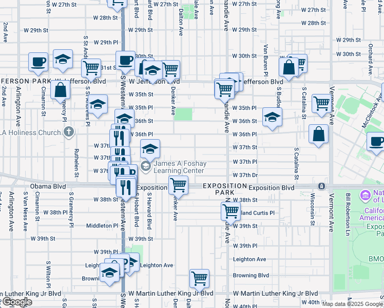 map of restaurants, bars, coffee shops, grocery stores, and more near 1521 West 37th Place in Los Angeles