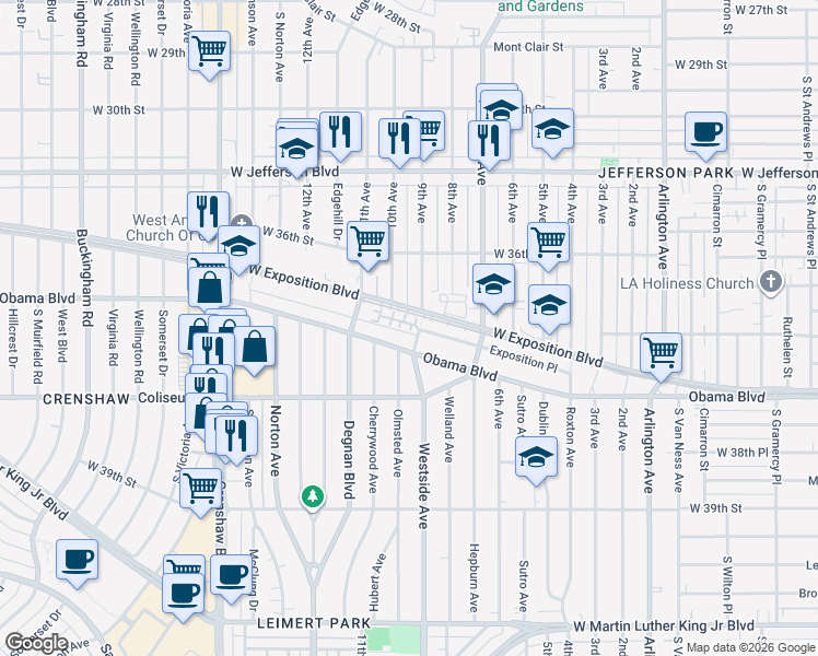 map of restaurants, bars, coffee shops, grocery stores, and more near 2901 Obama Boulevard in Los Angeles