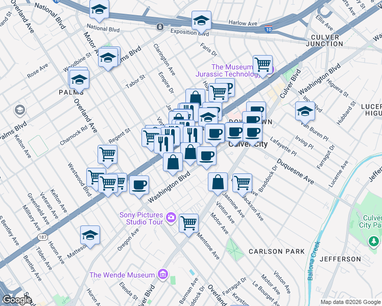 map of restaurants, bars, coffee shops, grocery stores, and more near 10201 Washington Boulevard in Culver City