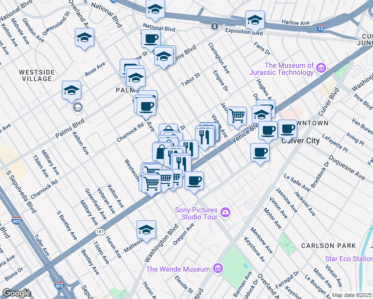 map of restaurants, bars, coffee shops, grocery stores, and more near 3761 Keystone Avenue in Los Angeles