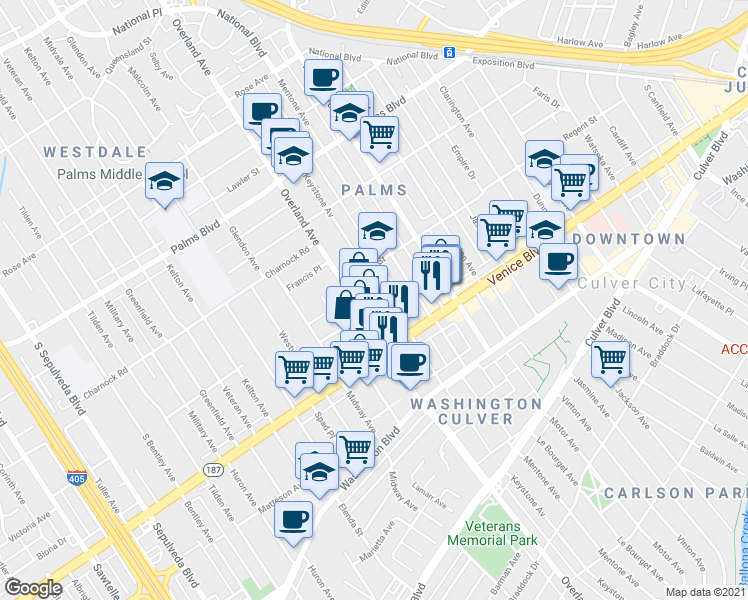 map of restaurants, bars, coffee shops, grocery stores, and more near 3761 Keystone Avenue in Los Angeles