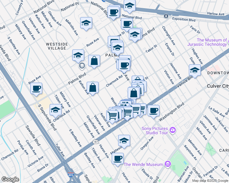 map of restaurants, bars, coffee shops, grocery stores, and more near 3652 Westwood Boulevard in Los Angeles