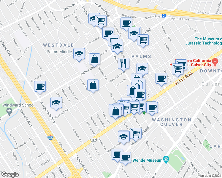 map of restaurants, bars, coffee shops, grocery stores, and more near 3652 Westwood Boulevard in Los Angeles