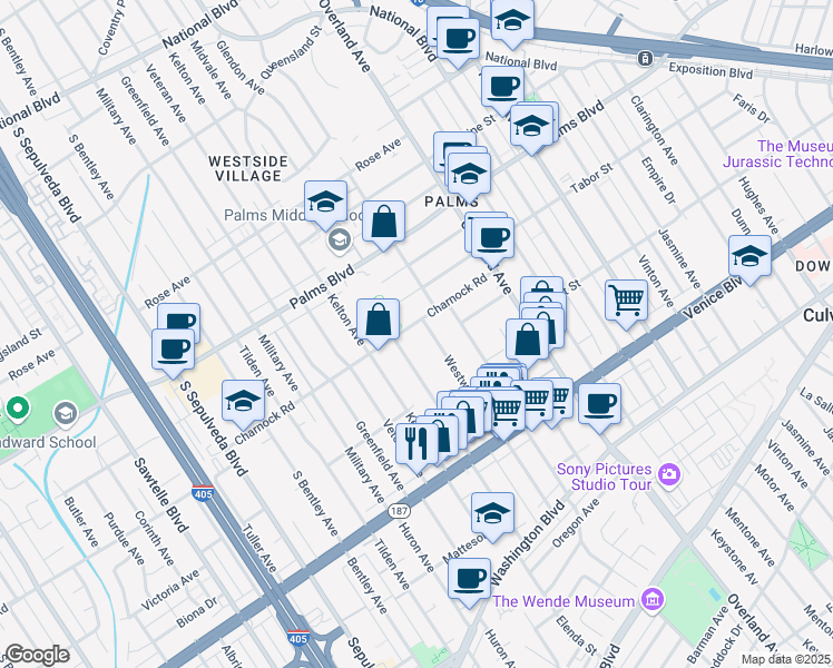 map of restaurants, bars, coffee shops, grocery stores, and more near 3624 Midvale Avenue in Los Angeles