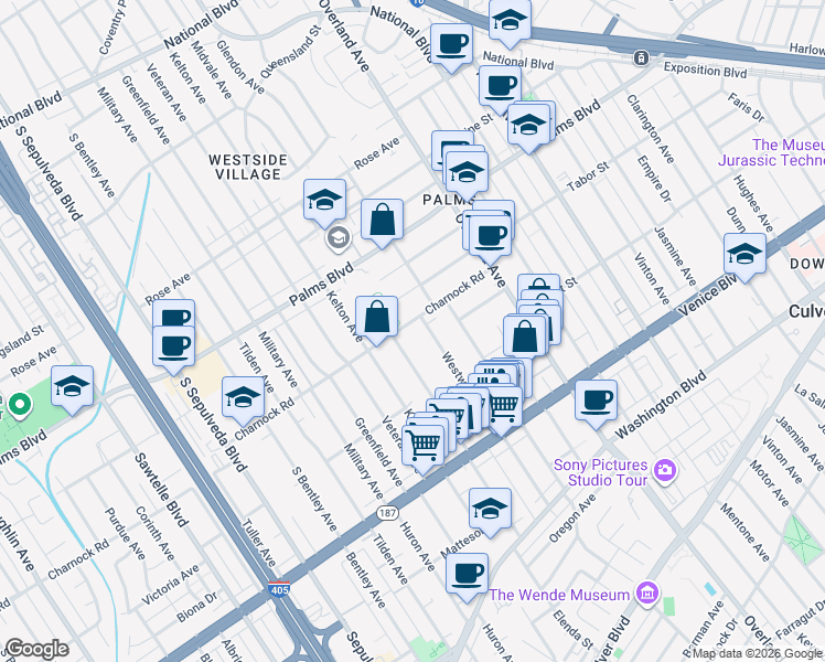 map of restaurants, bars, coffee shops, grocery stores, and more near 3624 Midvale Avenue in Los Angeles