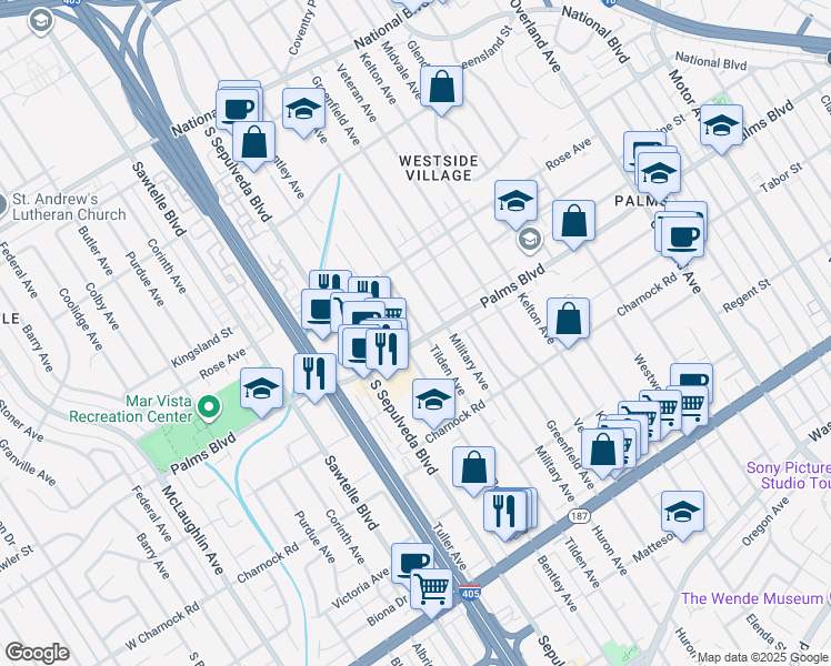 map of restaurants, bars, coffee shops, grocery stores, and more near 3506 Palms Boulevard in Los Angeles