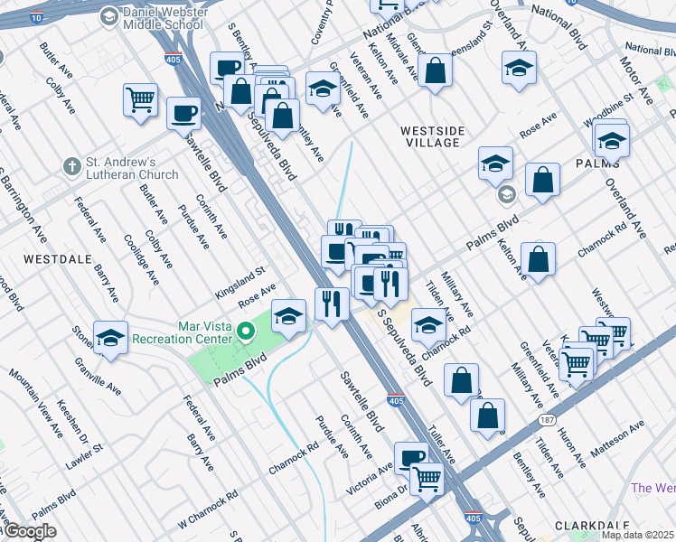 map of restaurants, bars, coffee shops, grocery stores, and more near 3443 South Sepulveda Boulevard in Los Angeles