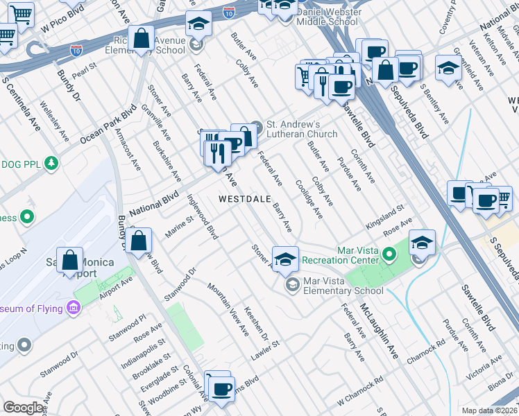 map of restaurants, bars, coffee shops, grocery stores, and more near 3159 South Barrington Avenue in Los Angeles