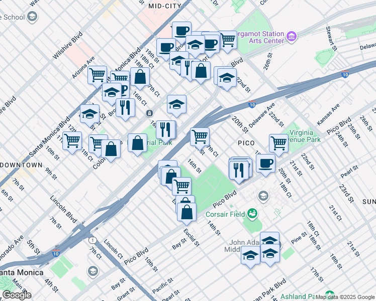 map of restaurants, bars, coffee shops, grocery stores, and more near 1529 Michigan Avenue in Santa Monica